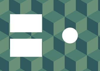 Two white rectangles and circle with copy space over 3d green cube pattern