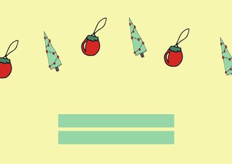 Christmas trees and decorations and two green rectangles with copy space on cream background