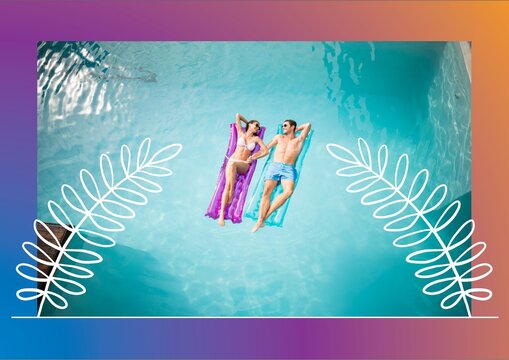 Illustration of couple lying on inflatables in pool with leaf drawing on purple to orange background