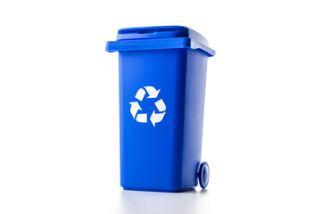 Separation recycle. Blue dustbin for recycle paper trash isolated on white background. Bin...