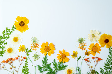 Dried Spring Flowers Flat Lay with light background and copy space