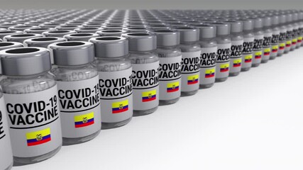 Seamless looping 3D animated bottles with covid-19 vaccine and the flag of Ecuador in 4K resolution  - Powered by Adobe