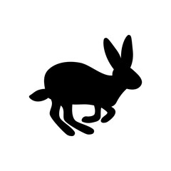 Vector illustration of a rabbit landing after a jump. Black silhouette of a hare on a white background.