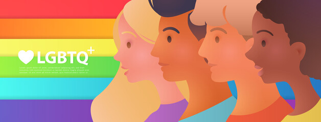 Love LGBTQ Banner with portraits of young activists over a colorful paper cut style rainbow flag background for LGBT rights and movements concept.