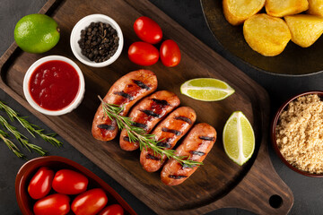 Grilled barbecue sausages on dark background.