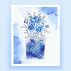 perfume with flower blue watercolor illustration