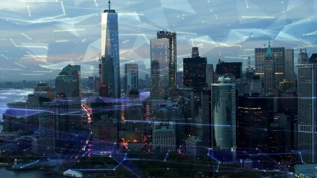 Aerial view of Manhattan Skyline with connections. Technology-Futuristic. High tech view of New York City connected through a network. United States. Internet of Things. AR.