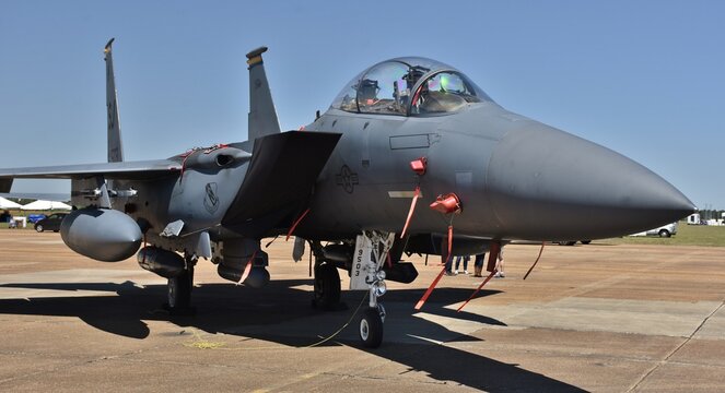 An Air Force F-15 Eagle fighter jet on a runway