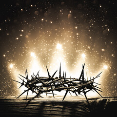 
Crown Of Thorns On Wooden Cross With Bright Sparkling Crown Of Light In Background - The Death And...
