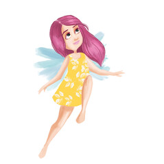 illustration of a fairy with pink hair in a yellow floral dress