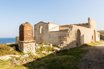 Fototapeta na wymiar Ancient Ruins of The Tonnara di Santa Panagia (Tuna Fishery) In Syracuse, Sicily – Italy.