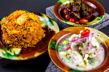full meal, rice with chicken, roast beef, fish ceviche
