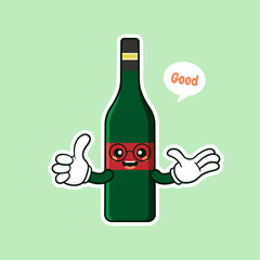 cute and kawaii wine bottle cartoon character flat style vector illustration. funky smiling glass wine bottle character design template for wine menu or wine map
