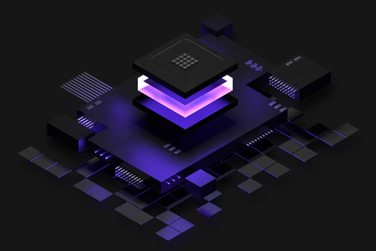 CPU socket. Modern technology. Purple light effect.  Futuristic microchip processor. Glowing Glass. Microcontroller. Digital signal. Isometric blocks and cubes.