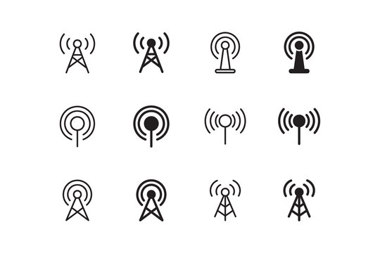 Antenna, radio tower icon set. Vector graphic illustration. Suitable for website design, logo, app, template, and ui. 