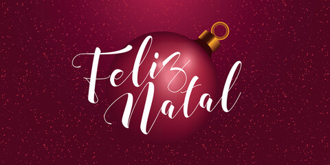 Portuguese brazilian title saying Happy Christmas. Christmas design, with golden, red and white elements. Vector illustration greeting card, ad, poster, flyer, web-banner, promotion