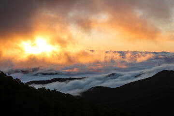 sunrise over the mountains on Blue Ridge Parkway in North Carolina