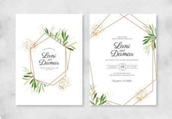 Minimalist wedding invitation with watercolor foliage and geometric gold