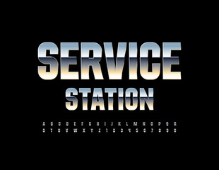 Vector modern logo Service Station. Reflective Chrome Font. Metallic Alphabet Letters and Numbers set