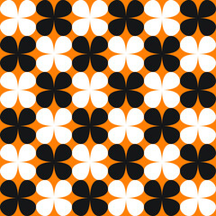 A simple checkerboard repeating pattern of geometric flower petal shapes in alternating black and white against an orange background, vector illustration