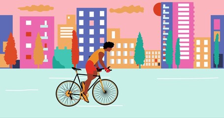 African American man cyclists is riding bicycle in the summer empty city during sunset. Cartoon , flat design , illustration