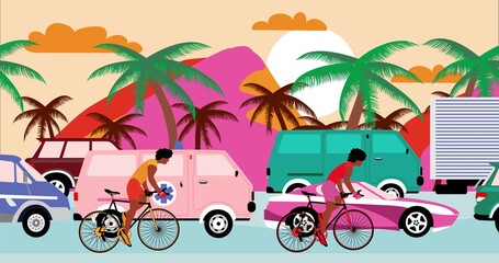 African American cyclists are riding bicycles past by traffic jam on the beach road with palms. Cartoon , flat design , illustration