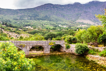 Fototapeta na wymiar Old stone bridge over small transparent river at foot of mountains, near Risana, Boca-kotor bay, Montenegro