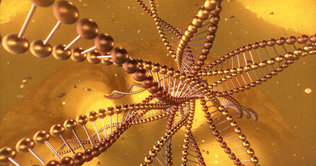 Golden geometric background with swirls of DNA molecules. 3D Rendering