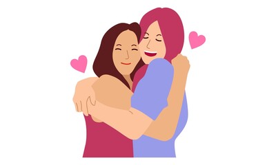 Two lovely happy best friends girls hugging. Vector flat illustration