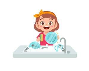 happy cute little girl washing dish in the kitchen