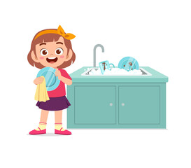 happy cute little girl washing dish in the kitchen