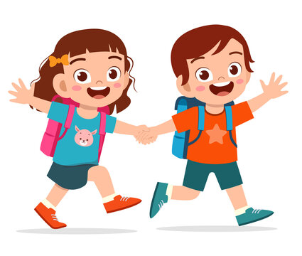 cute kid boy and girl holding hand and go to school together