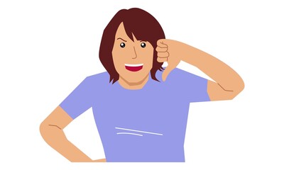 Woman giving big thumbs down disappointment. Vector flat illustration