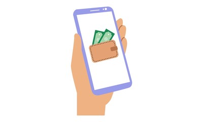 Receiving money. Online money transfer illustration. Vector flat illustration with hand holding smartphone