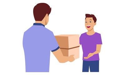 Courier man delivery parcel consumer. Vector flat illustration