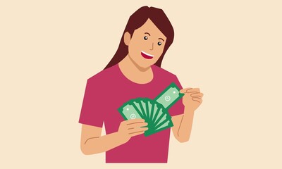 Young woman holding cash money in hands. Vector flat illustration