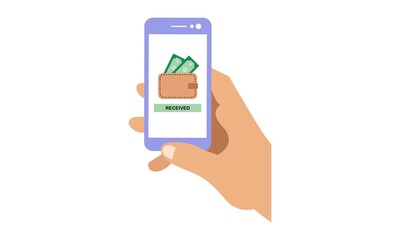 Receiving money. Online money transfer illustration. Vector flat illustration with hand holding smartphone