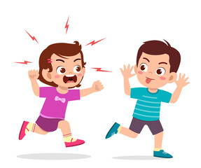 bad little boy run and show grimace face to angry friend