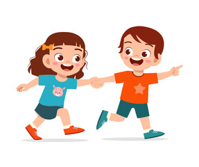 cute little kid boy and girl holding hand and walking together