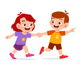 cute little kid boy and girl holding hand and walking together