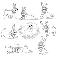 Easter Pug dogs cute animal vector illustration outline