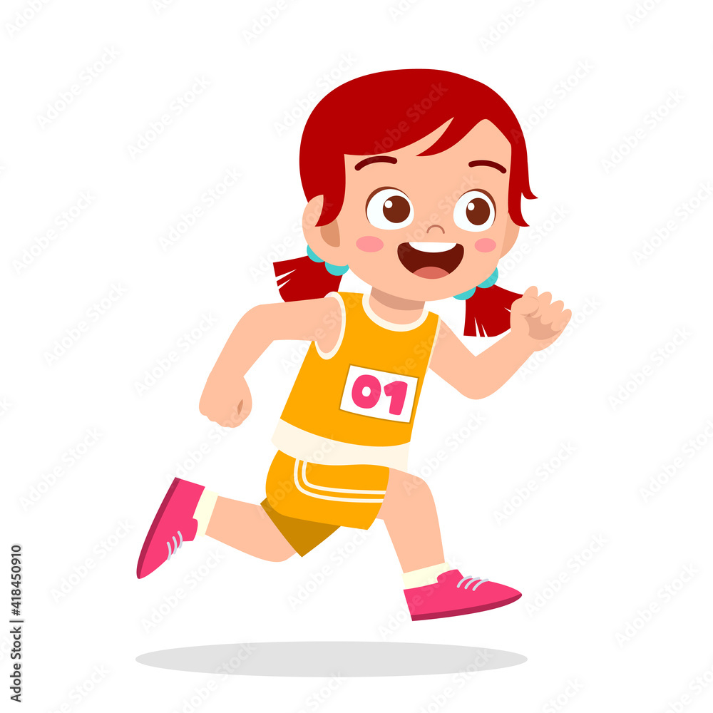 Sticker happy cute little girl run in marathon game