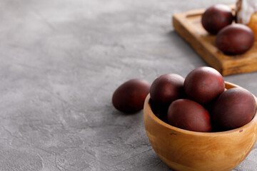 Still life many colorful easter eggs on a textural background. Rustic. Easter celebration concept.