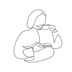 Continuous line silhouette of girl drinks coffee or tea. Hand drawn minimalism drawing of woman with cup