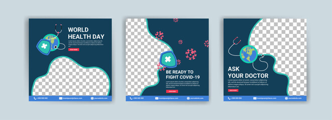 World health day. Social media post templates for world health day. Education about world health day.
