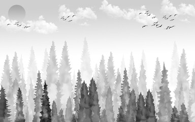 Fototapety  3d ilustracyjna tapeta. czarno-biały krajobraz. Słońce, niebo, chmury, ptaki i las drzew. nowoczesne proste tło dekoracyjne