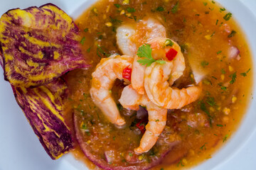 delicious shrimps of Ecuadorian food, shrimp cebiche with sweet potato