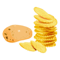 Potato chips with Potato, 3D illustration Vector.