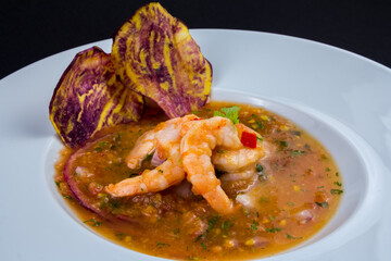 delicious shrimps of Ecuadorian food, shrimp cebiche with sweet potato