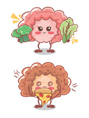 cute intestine eating heathy and unhealty food. cartoon